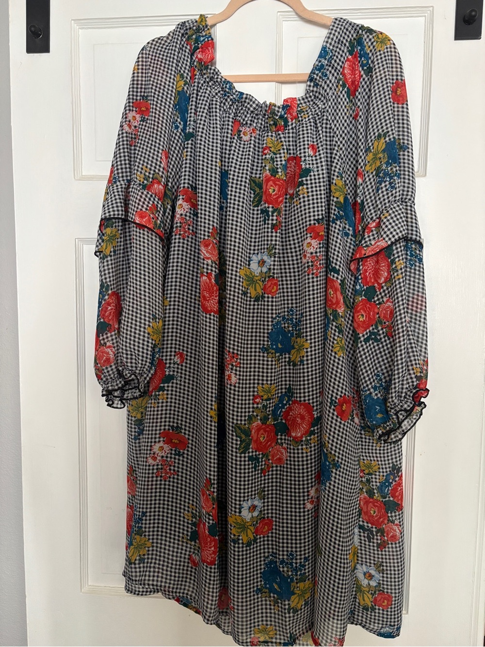 Xhilaration Black Gingham Midi Dress with Red Floral Print